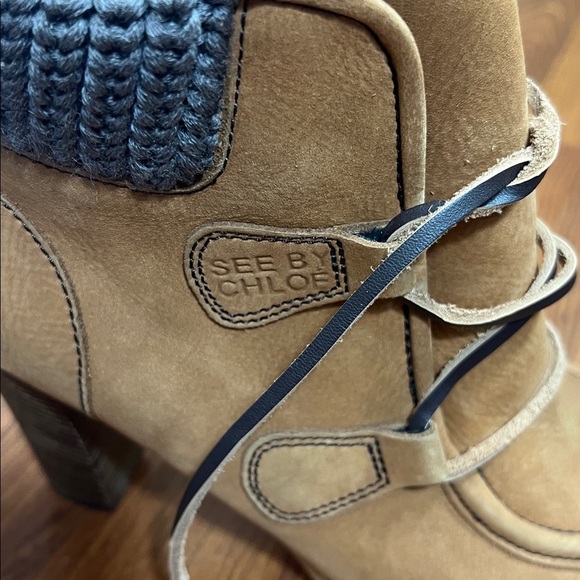 See by Chloe Sz 39(8.5 US) Suede Heeled Booties with Cable Knit Accent Tan/Brown - Picture 3 of 12